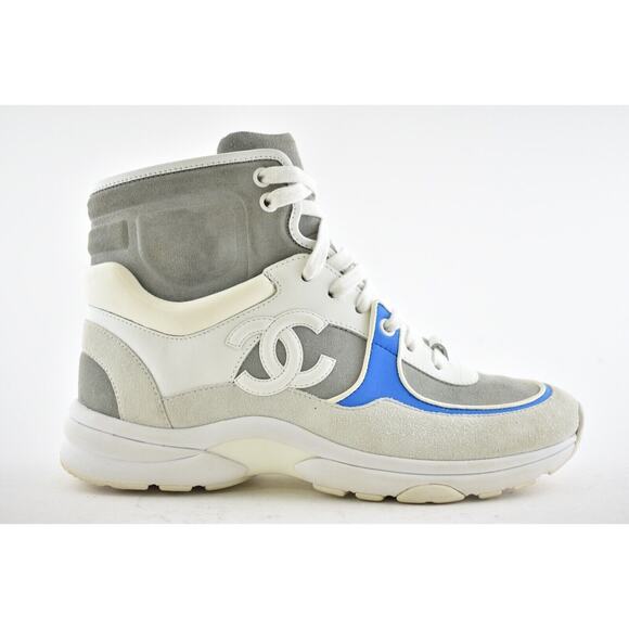 Chanel 18P Blue White Grey CC Logo Lace Up Tie Flat Trainer High Top Sneaker 38 - Picture 2 of 16